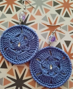 Orecchini Uncinetto Donna Viola Strass Handmade Crochet Idea Regalo Pendenti  - Foto 1 di 2