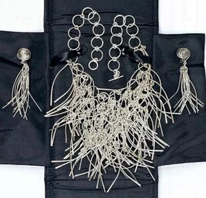 228g Sterling Silver Waterfall Necklace & Earrings Set 925 MEXICO Fringe 20" Vtg - Picture 1 of 18