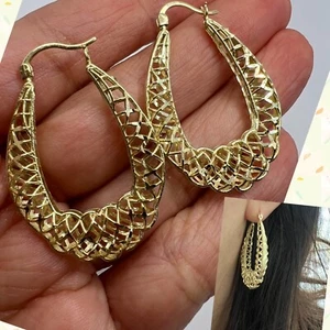 GOLd Oval Turkish earrings 10k solid real filigree dangle hoop gift her 1.50" - Picture 1 of 12