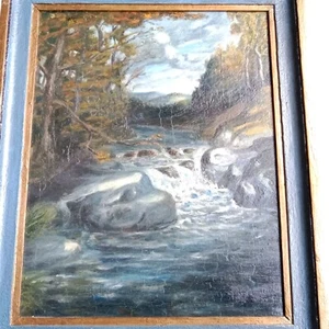 Rivière en Foret Paysage Toile Signée circa 1947 - Foto 1 di 12