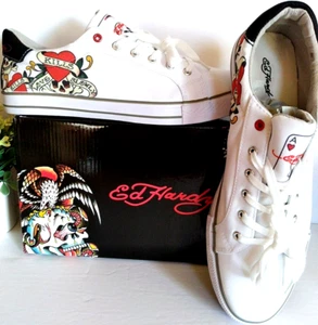 NIB Ed Hardy White Love Kills Slowly Mens Canvas Lace Up Sneakers Shoes 13 Gift - Picture 1 of 8