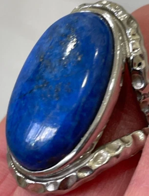 Vintage Silver Stainless Steel Genuine Blue Lapis Lazuli Size 7.5 Ring — 第 1/4 张图片