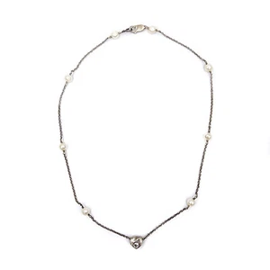 Sterling Silver 5mm Pearl CZ Heart Charm Slide Station Necklace 925 Tin Cup 16" - Picture 1 of 8