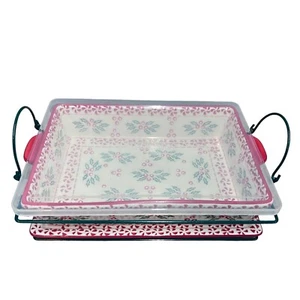 Temp-Tations Peppermint Holly 4 Qt Baking Dish Pan Lid Wire Rack & Tray Retired - Picture 1 of 12