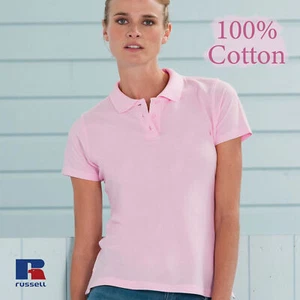 Russell Ladies Polo Shirt Top Short Sleeve 100% Cotton Pink Size XS Small Plain - Picture 1 of 4