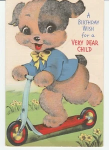 Vintage Birthday Card Flocked Dog on Scooter 1940's The Wishing Well Die-Cut - Foto 1 di 3