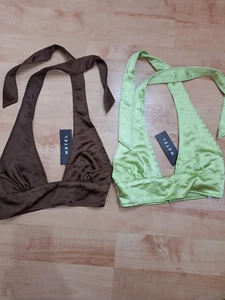 Motel Bundle X2 Satin crop Top chocolate and green Size XS New - Picture 1 of 9