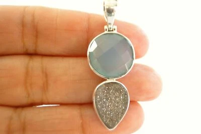 Pingente de prata esterlina 925 prata titânio drusa duas pedras calcedônia azul - Imagem 1 de 4