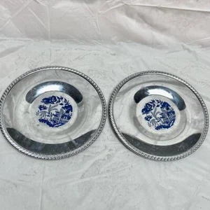 Vintage, Rare, 2pc Chrome Bread Plate with Blue Willow Design - Picture 1 of 10