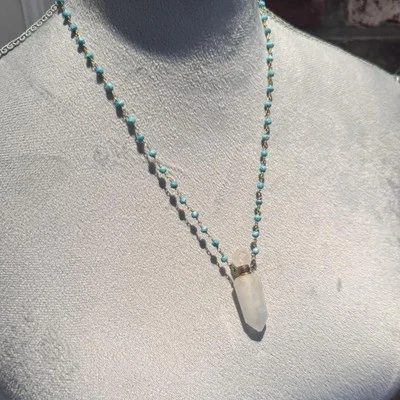 Quartz Crystal Perfume Bottle Necklace With Turquoise Beads - Image 1 of 4