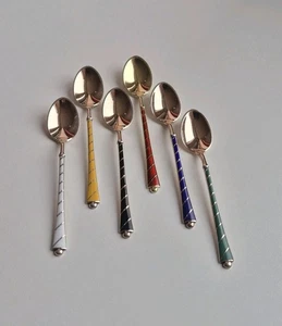 6 schöne kleine 925 Sterling Silber Löffel - Ela Denmark Emaille Guilloche - Bild 1 von 5