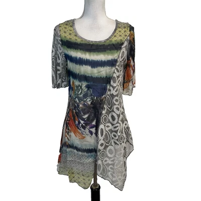 LV Colección Top Túnica Talla Pequeña Azul Marino Artístico Sheer Mountains Campesino Boutique Foto 1 de 4