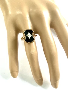 Art Deco 10k Gold Onyx Ring Diamond Accent Fancy Sheild Vintage KIMBERLY Sz 8 - Picture 1 of 13