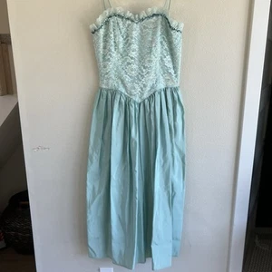 80s Prom Dress XS Vintage Sleeveless Light Aqua Blue Taffeta Lace Sequins Gown - Picture 1 of 11