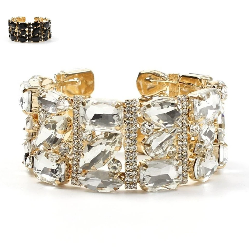 Bracciale donna con strass e pietre sfaccettate elegante base oro semirigido - Immagine 1 di 3