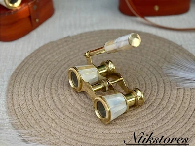 Vintage Brass Opera Glasses w/ Mother of Pearl & Engraved Leather Case - Image 1 of 4