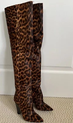 Nuevas botas de pasarela Saint Laurent Niki leopardo pelo por encima de la rodilla 38,5 Foto 1 de 4