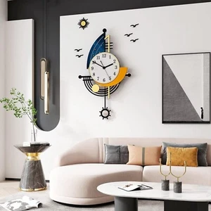 Wall Clock 14 Inch Boat Design Pendulum 3D Silent Non Ticking Living Room Decor - Picture 1 of 6