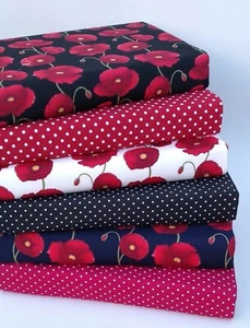 POPPY FABRIC BUNDLE 6 LARGE SQUARES 100% COTTON PATCHWORK CRAFT REMEMBRANCE DAY - Picture 1 of 1