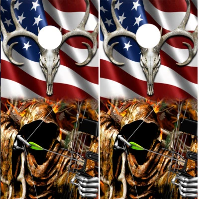 Cornhole Wraps Grim Reaper Bow Hunter American Flag Flaming Skull Camo 2pack - Image 1 of 3