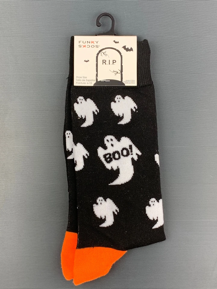 Calcetines Funky para hombre R.I.P. Calcetines Ghost BOO Crew Negro Naranja Halloween Nuevos con Etiquetas 6-12 Foto 1 de 4