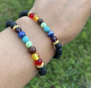 2 - 7 Chakra Healing Bead Lava Natural Reiki Stone 7 8mm Meditation Bracelets - Picture 1 of 5