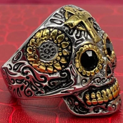 Anello uomo teschio croci simboli acciaio inox punk misura 28 colore argento oro - Immagine 1 di 4