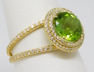 18 kt Yellow Gold PERIDOT & Double Halo Diamond Split Shank Ring Sz 8 B9362 - Image 1 of 4