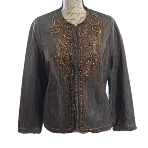 Chico’s GOLDEN TRINKET ROYALTY JACKET Size 1 Medium Indigo Denim Bronze Foil NEW - Picture 1 of 12