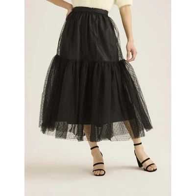 Scoop Womens Tulle Dot Midi A-Line Skirt Lightweight Lined Black Soot Size XL - Image 1 of 4