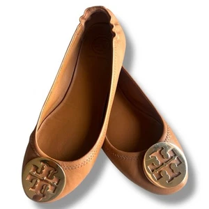 Tory Burch Minnie Travel Ballet Flats Tan Leather Gold Logo Size 6 Women’s Shoes - Picture 1 of 6