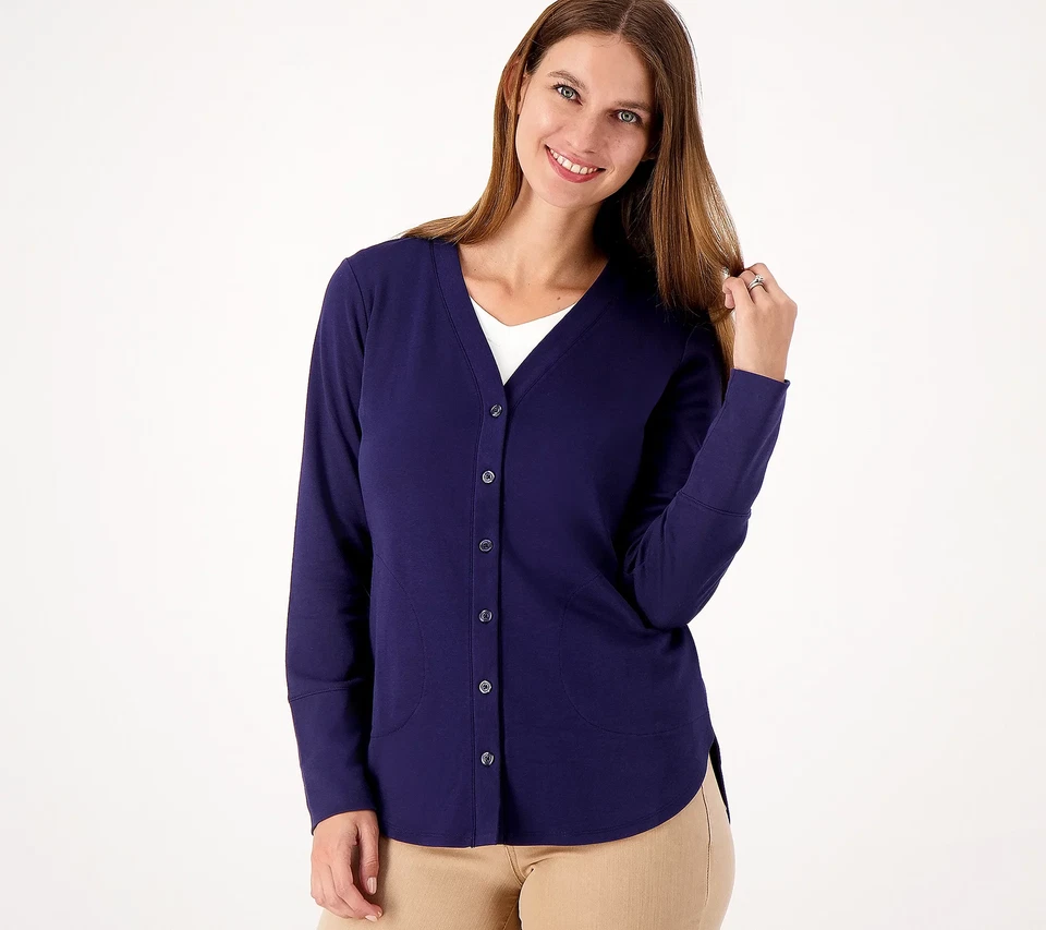 Isaac Mizrahi Live! Cárdigan Essentials Pima Algodón Botón Frontal Azul Marino Oscuro XXS N Foto 1 de 1