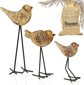 HIGHBIX Handmade Wooden Birds – Table Top 3-Piece Set – Wood and Iron Decorative - Picture 1 of 6