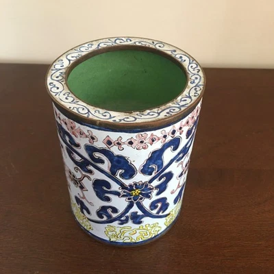 VTG Chinese Cloisonné Enamel Brush Pot Pen Holder w/ Blue & Pink Floral Design - Image 1 of 4