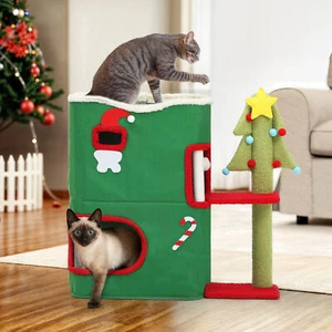 Beuloke Christmas Cat House 2-Tier Cat Beds Small Cat Condo w/ Highway Cave - Picture 1 of 6