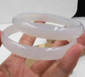 Pair China white agate jade bangle bracelet big size 68-70 mm +box - Picture 1 of 6