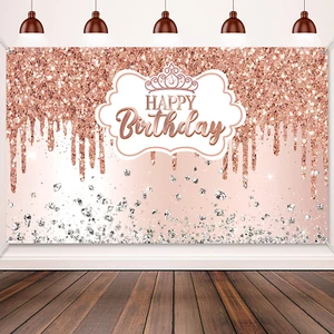 Rose Gold Happy Birthday Backdrop for Women Rose Gold Happy Birthday Banner - Picture 1 of 12