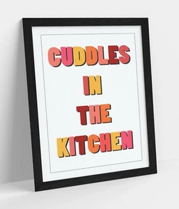 "CUDDLES IN THE KITCHEN" HAPPY FUN QUOTE -FRAMED WALL ART PICTURE PRINT- ORANGE - Picture 1 of 10