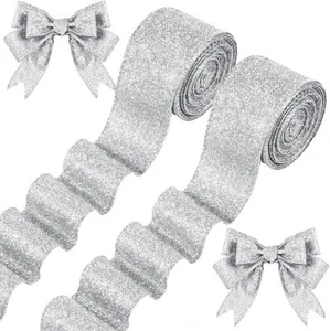 2 Roll 2 Inch x 20 Yards Ribbons Silver Glitter Thick Metallic Wired Wrapping - Picture 1 of 5