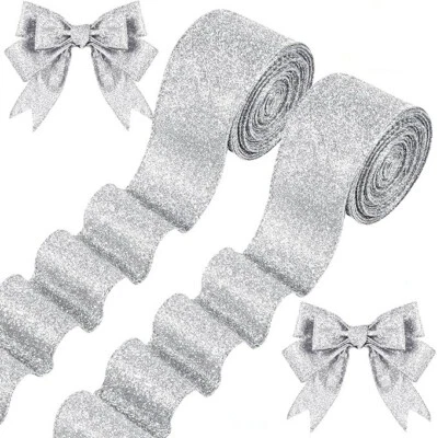 2 Roll 2 Inch x 20 Yards Ribbons Silver Glitter Thick Metallic Wired Wrapping - Image 1 of 4
