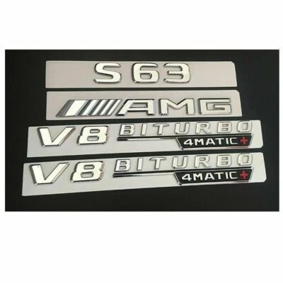 Chrome S63 AMG V8 BITURBO 4MATIC+ Trunk Fender Badges Emblems for Mercedes Benz - Image 1 of 3