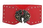 Women Elastic Red Teenagers Lively Bling Belt Gold Rose Metal Flowers Buckle S M