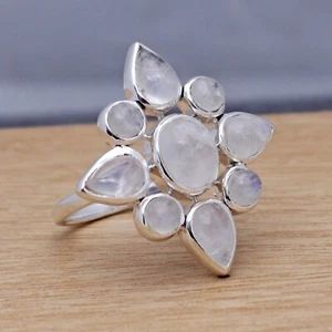 Natural Rainbow Moonstone 925 Sterling SIlver Cluster Ring Women Jewelry Size 12 - Picture 1 of 6