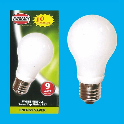 2x 9W Eveready CFL Low Energy A55 GLS 3500K White Light Bulbs ES E27 Screw Lamps - Image 1 of 2