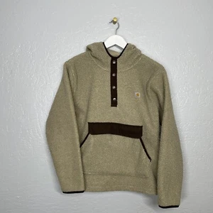 Carhartt Boy L Beige Brown Fleece Half Snap Sweatshirt Hoodie Long Sleeve Sherpa - Picture 1 of 11