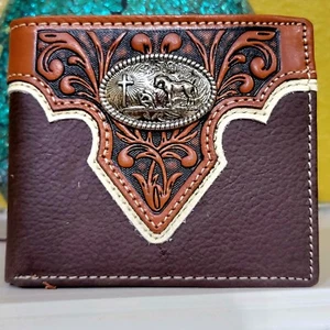 Praying Cowboy Mens wallet Western GENUINE LEATHER Short Bifold handtooled Brown - Picture 1 of 8