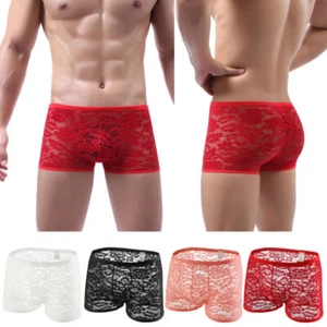 Men's Lace Floral Boxer Underwear Sissy Briefs Sexy See-through Shorts Lingerie - Picture 1 of 20