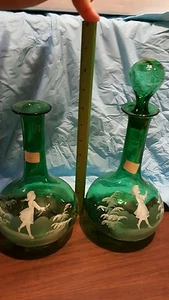 MARY GREGORY GREEN BITTERS / BARBER'S BOTTLE / DECANTER - LOT OF 2 - Picture 1 of 7