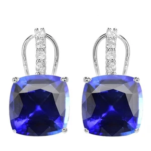 10.48 Ctw Cushion Cut Created Sapphire & Real Topaz Earrings 14k Gold Plated 925 - Picture 1 of 6