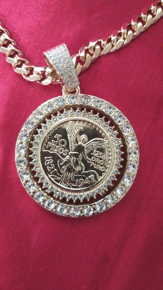 Colgante Moneda Oro PL 14k Centenario Mexicano 50 Pesos Circonita cúbica con Movimiento Cadena 22" Foto 1 de 4